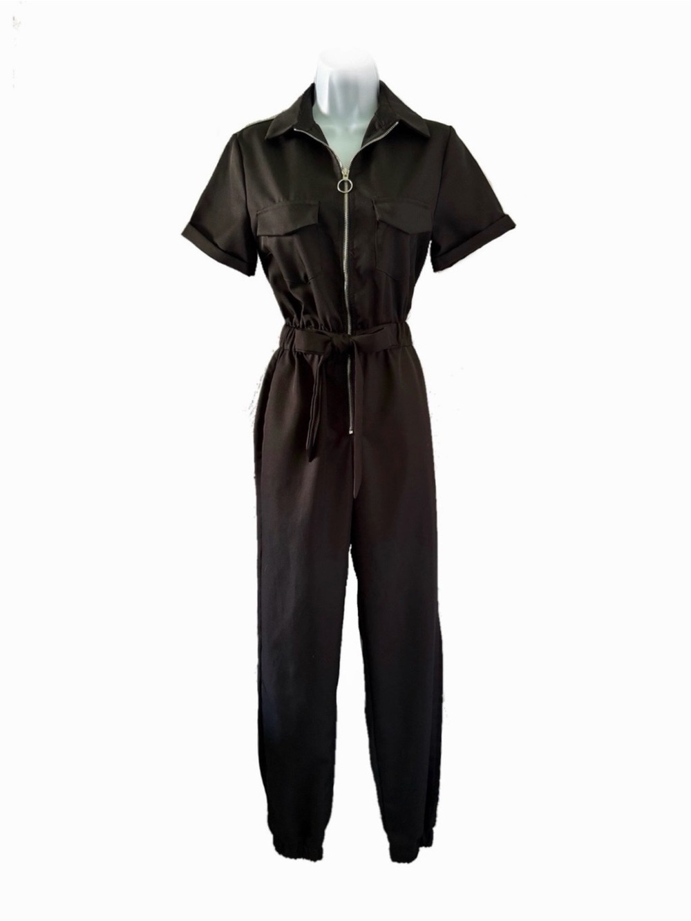 Black Short Sleeve Jumpsuit with Zip-Up Front Tie
Waist - Women’s Size XS